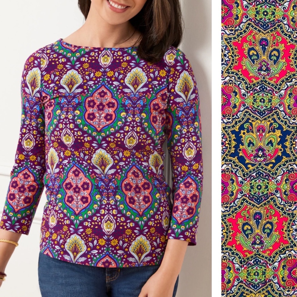 Talbots Colorful Floral Medallion Bateau Neck 3/4 Sleeve Cotton Tee Size Medium